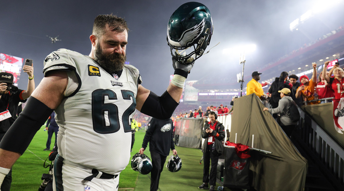 Philadelphia Eagles center Jason Kelce walks off the field after his team’s playoff loss to the Tampa Bay Buccaneers on Jan. 15, 2024.